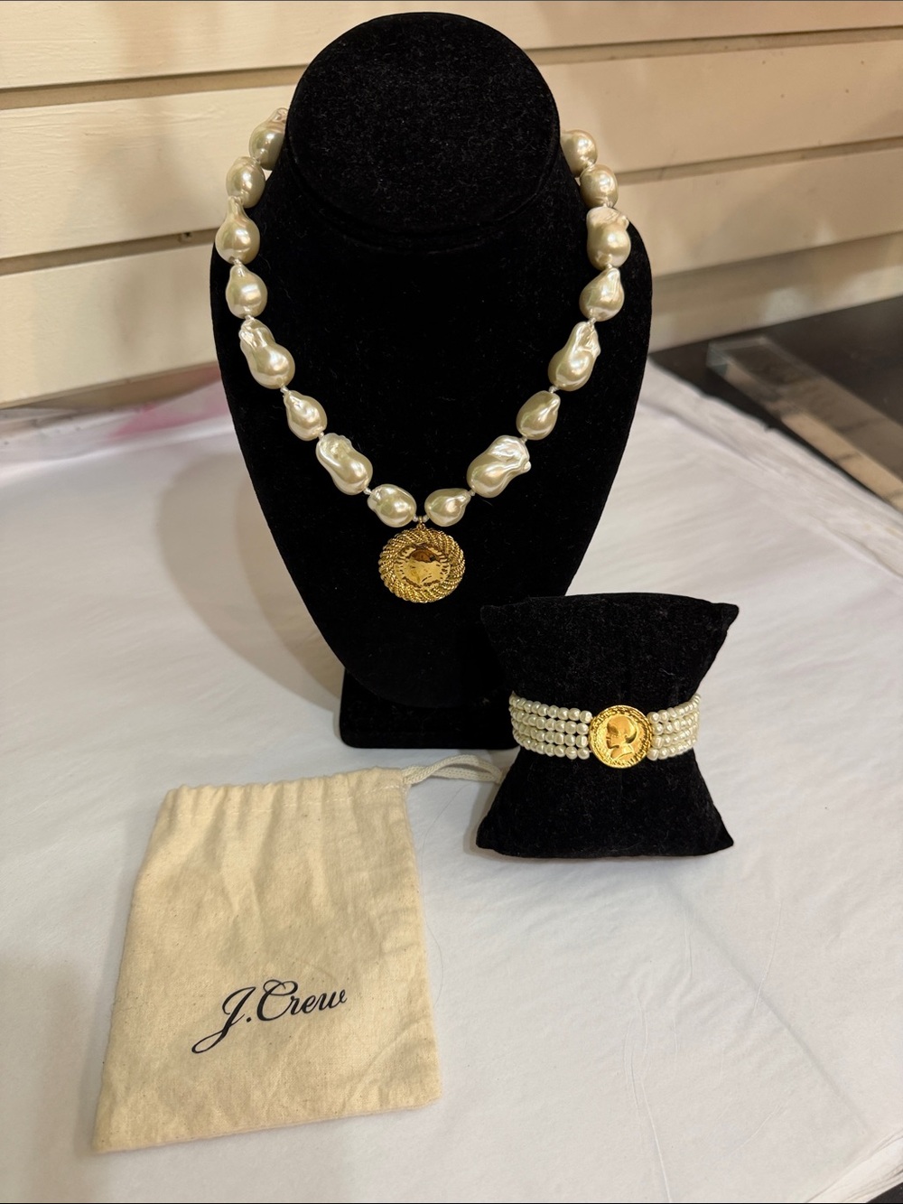 J. Crew White Pearl Necklace and bracelet with Gold Medallion